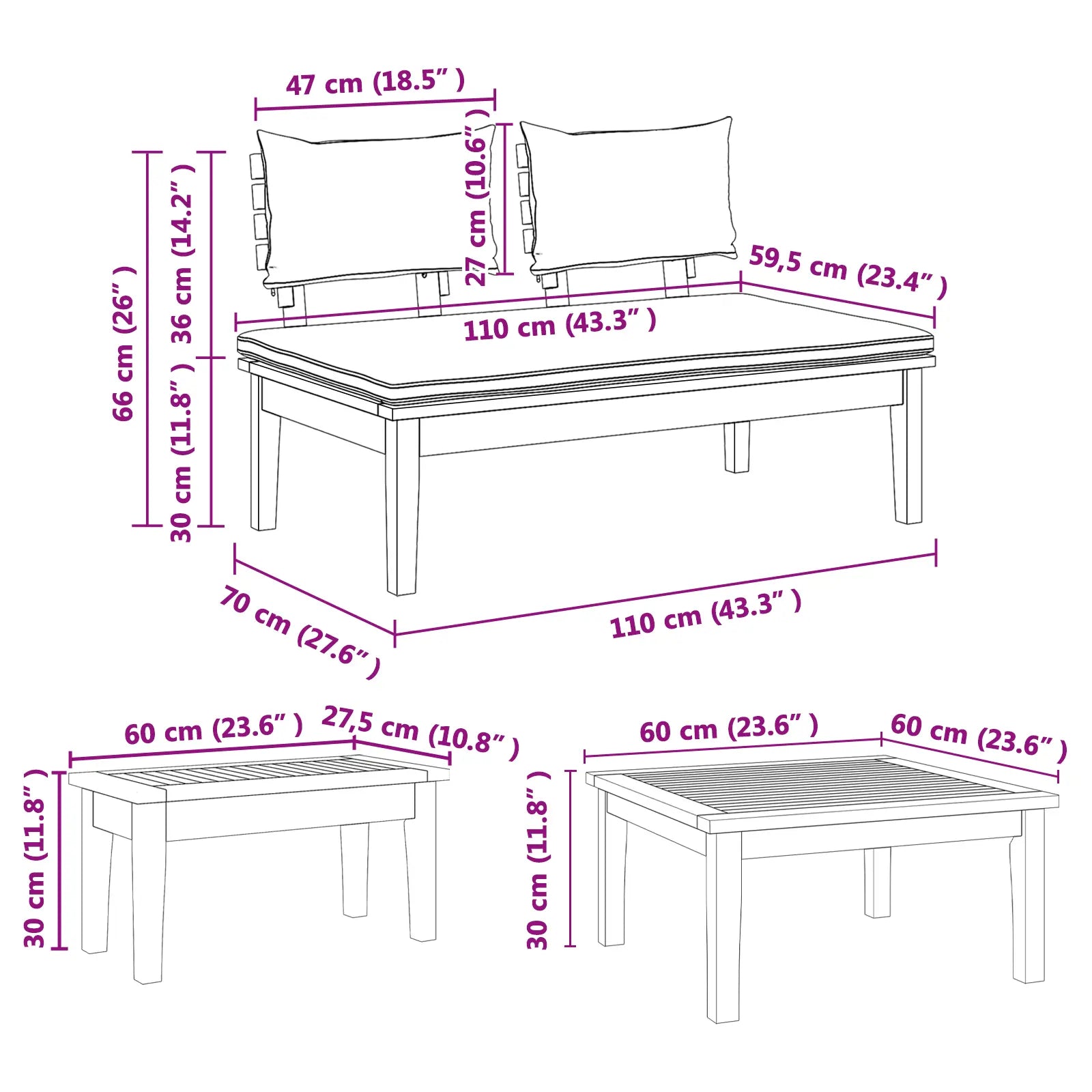 dimensions de l'ensemble de bancs et chaises de jardin en teck naturel.