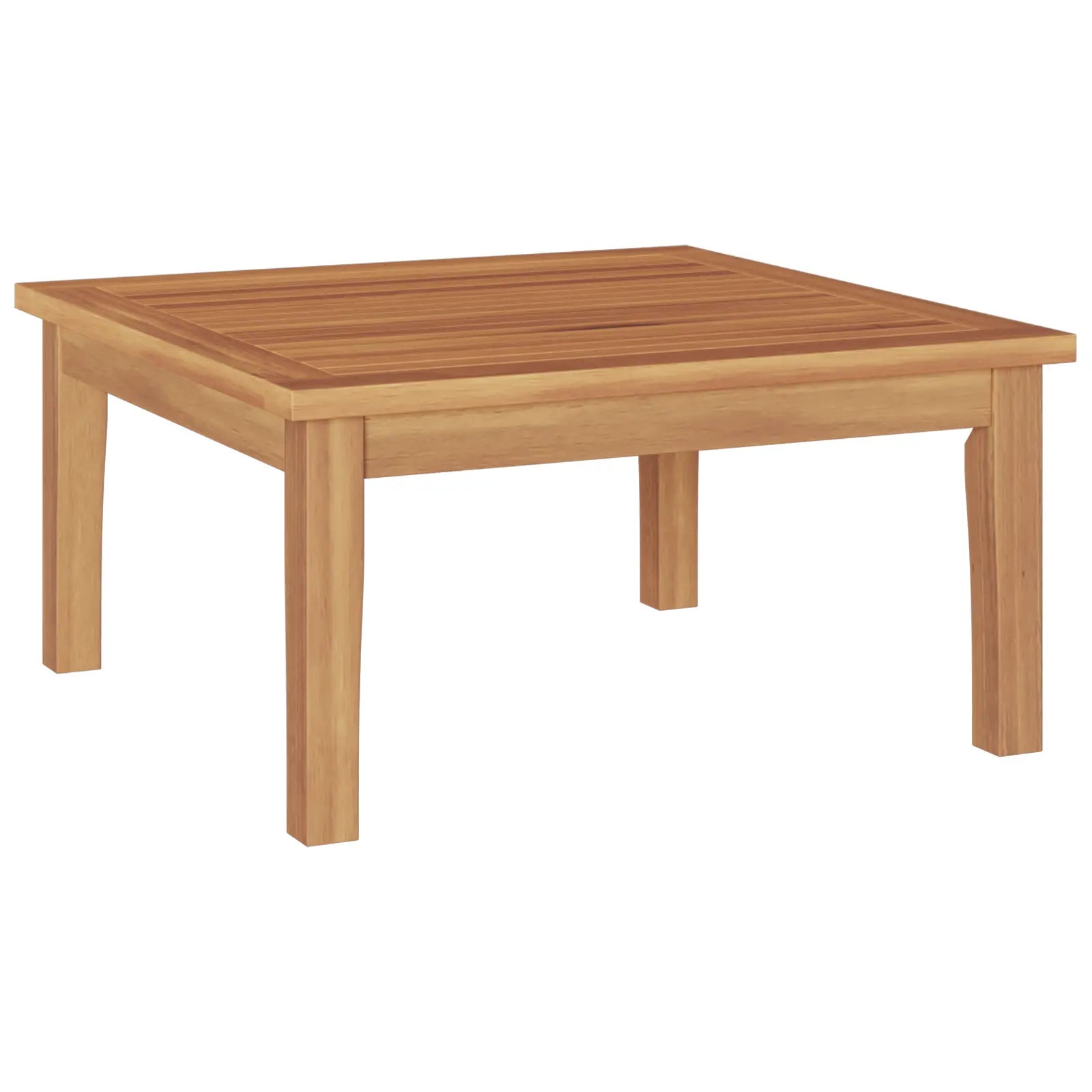 Table basse en teck assortie au salon extérieur.