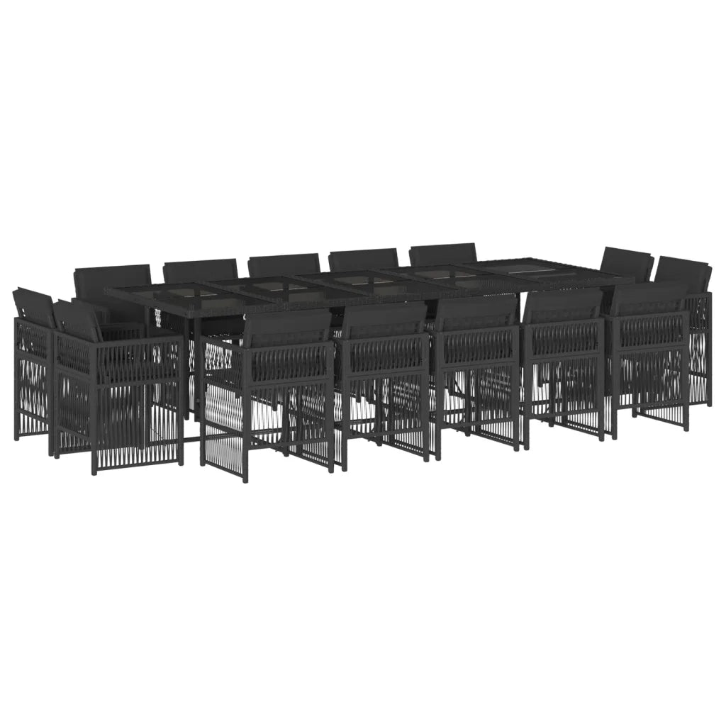 Vue d’ensemble du salon de jardin noir pour 14 personnes sur terrasse moderne.