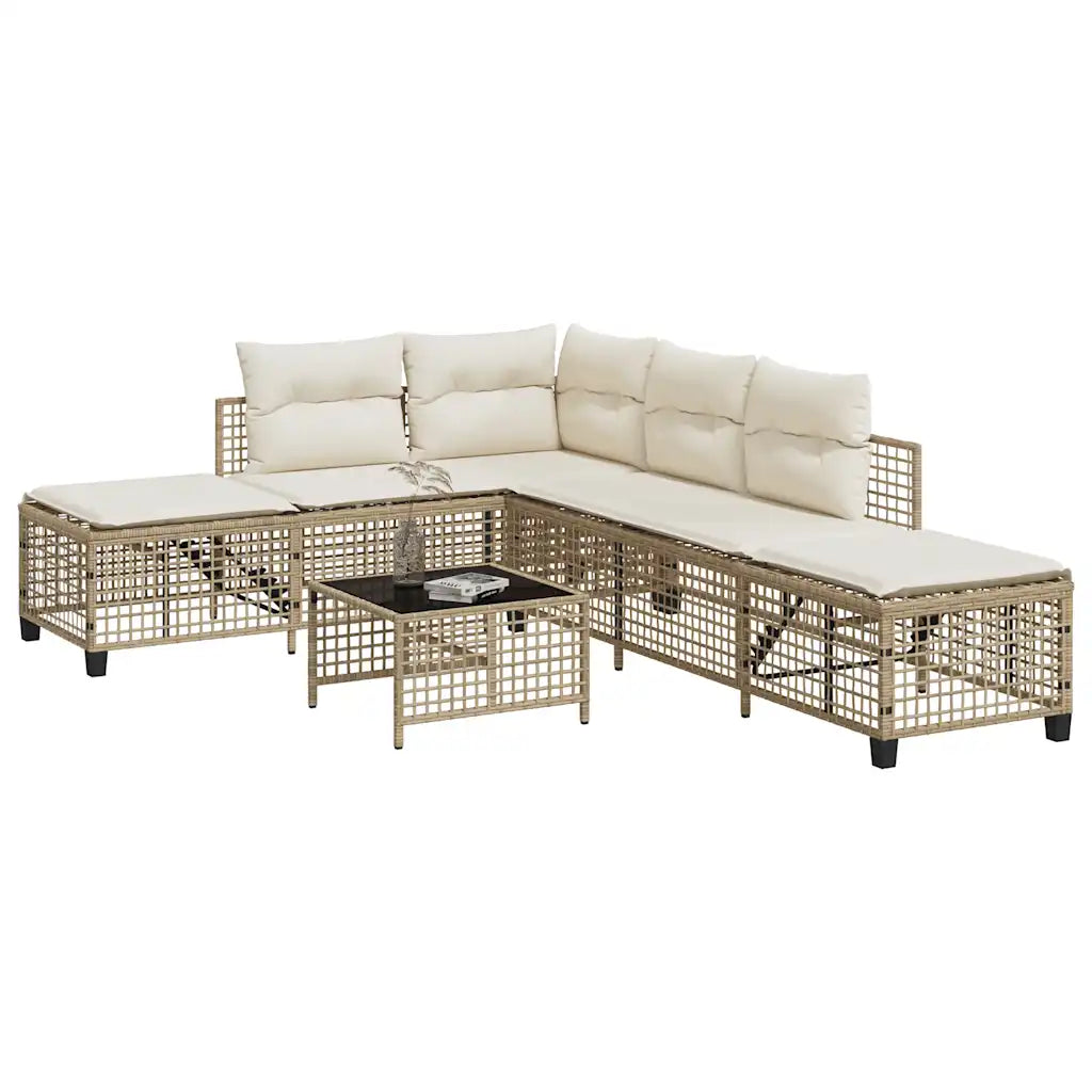 Canapé d’angle modulable beige et blanc en rotin synthétique.