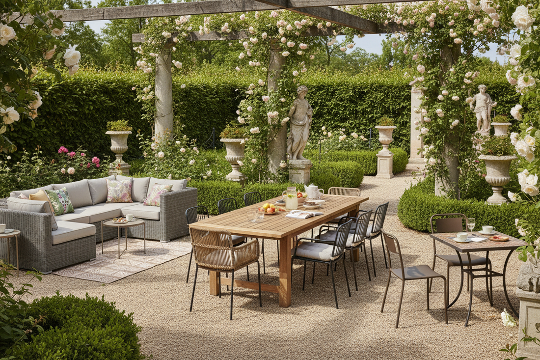 Un Ensemble de Salon de Jardin dans un espace très verdoyant.