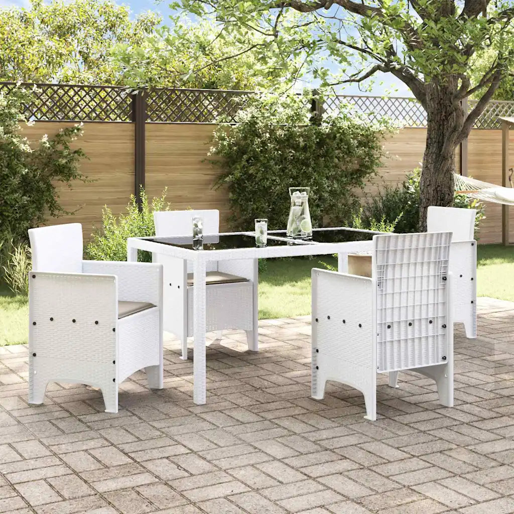 Lot de 4 chaises de jardin pas cher blanches avec coussins taupe autour d'une table sur terrasse