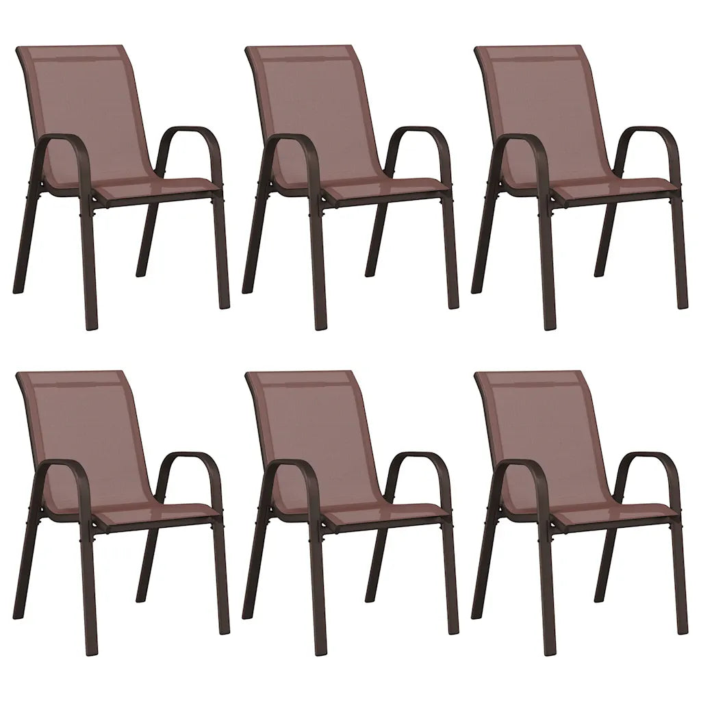 Lot de 6 chaises de jardin en Textilène marron et acier thermolaqué alignées