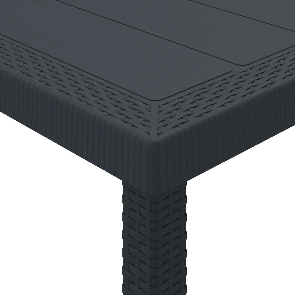 Détail de l'angle du plateau de la grande table jardin métal anthracite finition lisse résistant UV