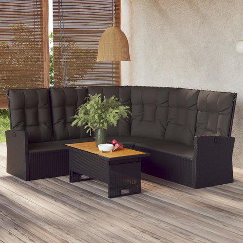 Canapé d'angle de jardin inclinable en rotin PE noir avec coussins moelleux, design élégant pour terrasse