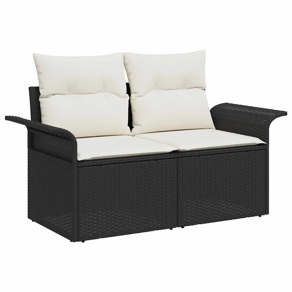Canapé de jardin 2 places en rotin synthétique noir avec coussins assortis, style contemporain
