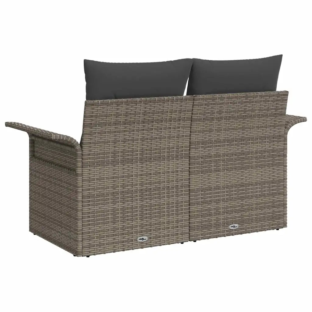 Vue de face du canapé de jardin 2 places gris, dimensions 141 x 62 x 69 cm, design épuré
