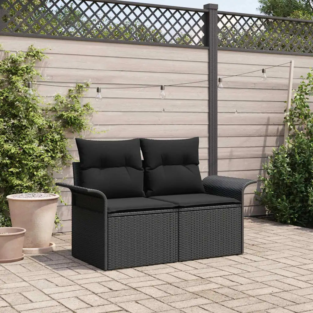 Canapé de jardin 2 places en rotin synthétique noir avec coussins noirs moelleux, design moderne pour terrasse
