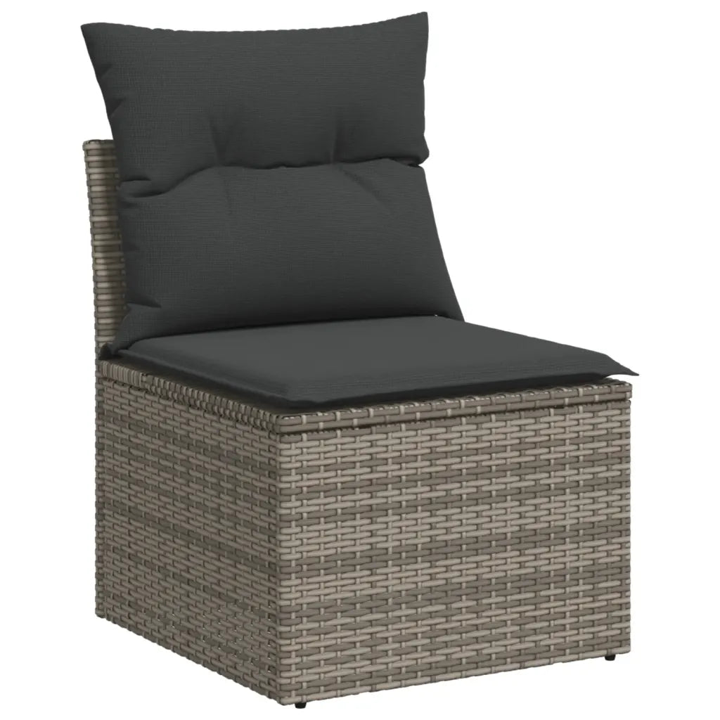 Détail du canapé avec accoudoirs en rotin PE gris, hauteur d'assise 37 cm