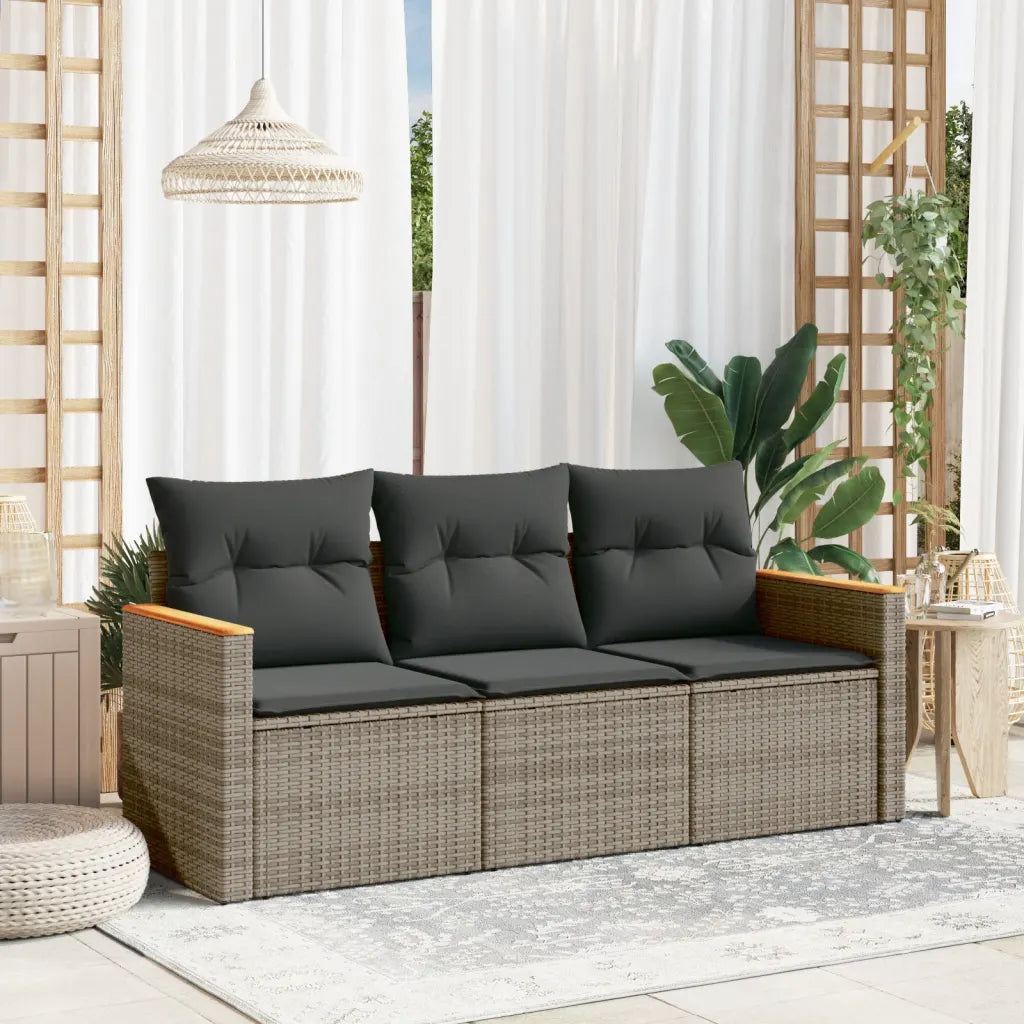 Canapé de jardin 3 places modulaire en rotin PE gris avec coussins gris foncé, ensemble complet pour terrasse