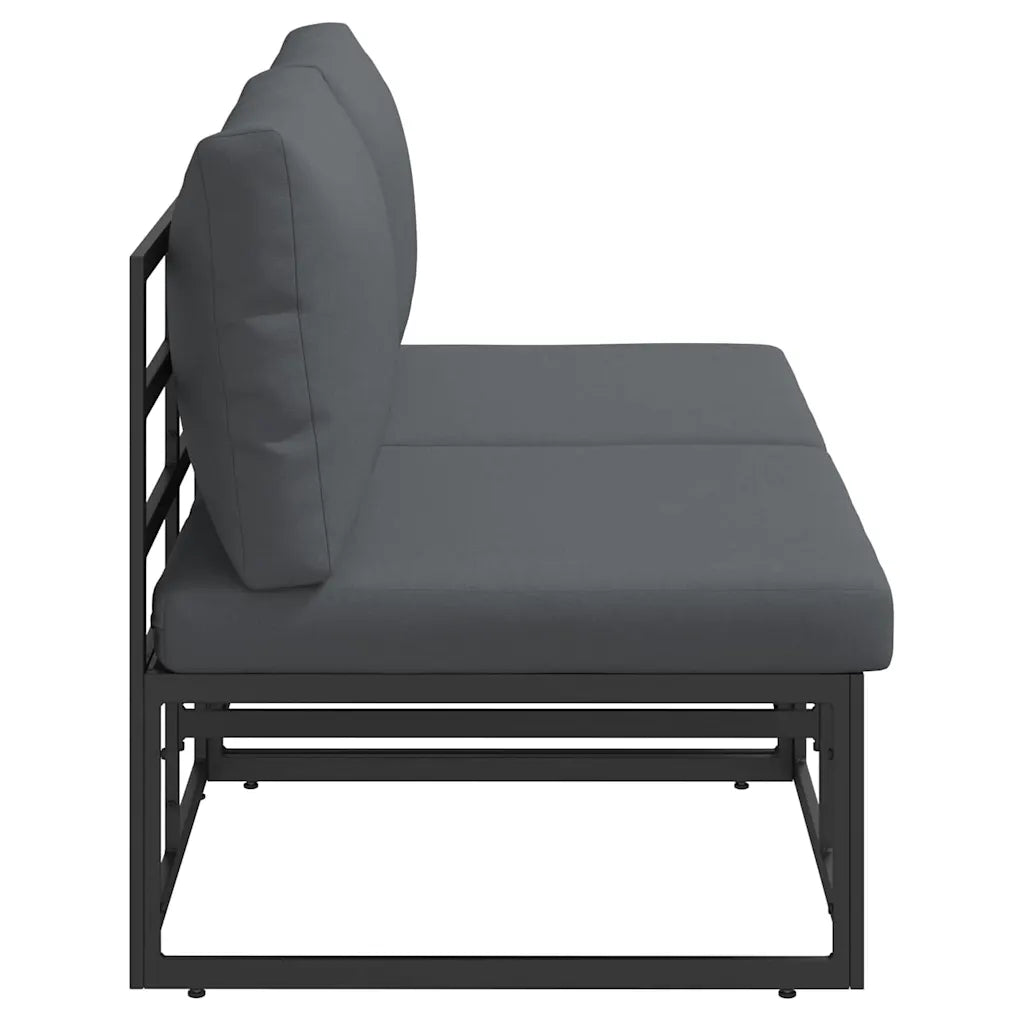 Canapé de jardin modulaire en aluminium noir installé sur terrasse avec table basse assortie
