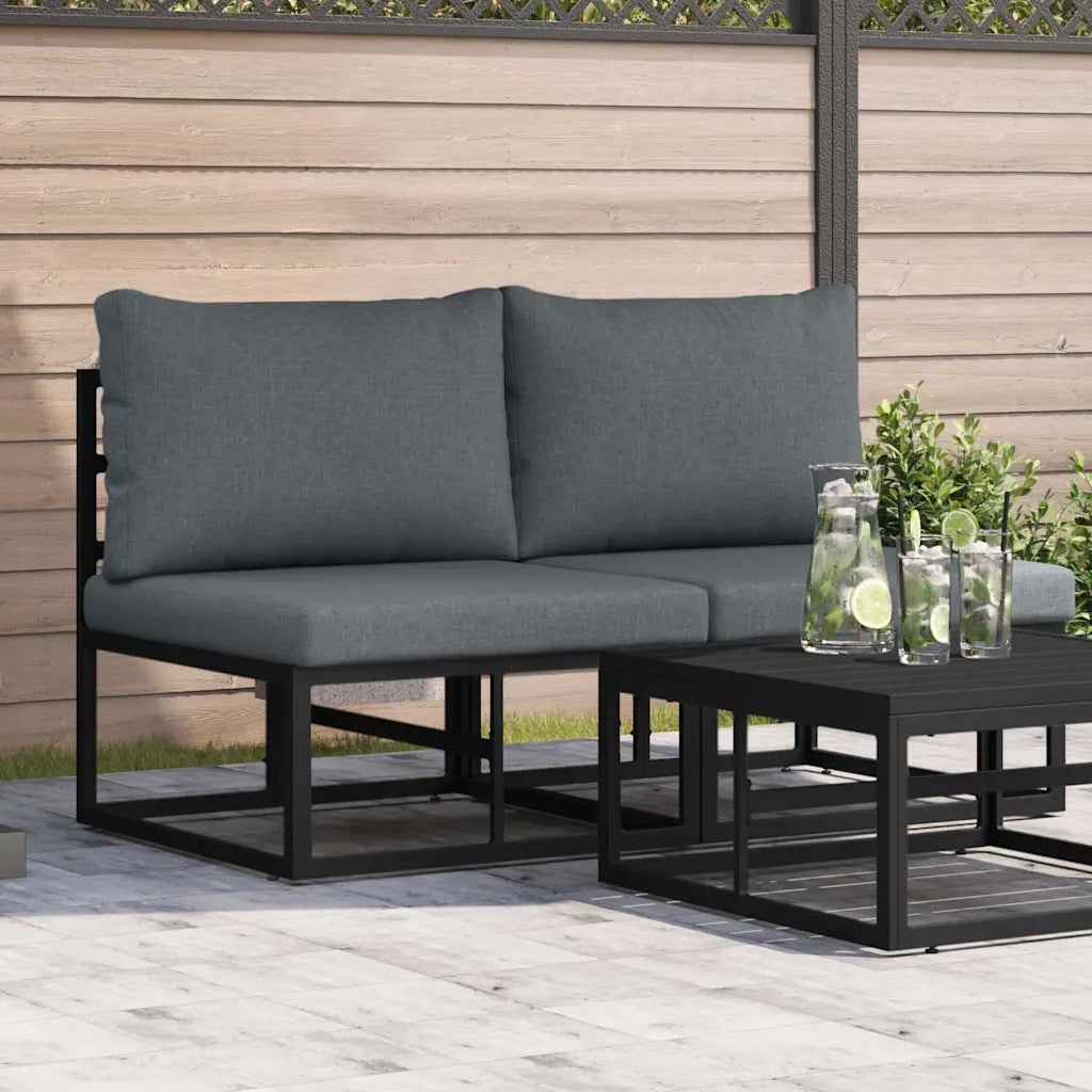 Canapé de jardin en aluminium noir avec coussins gris, design moderne et industriel pour terrasse
