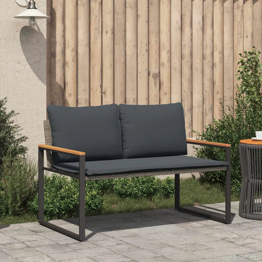 Banquette de jardin gris avec structure en rotin, dimensions compactes 115 x 65 x 72 cm
