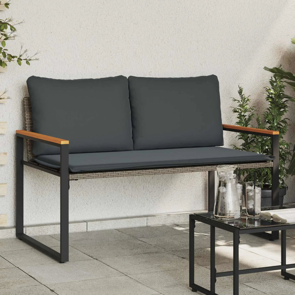 Vue d'ensemble de la banquette de jardin en rotin gris avec coussins moelleux amovibles
