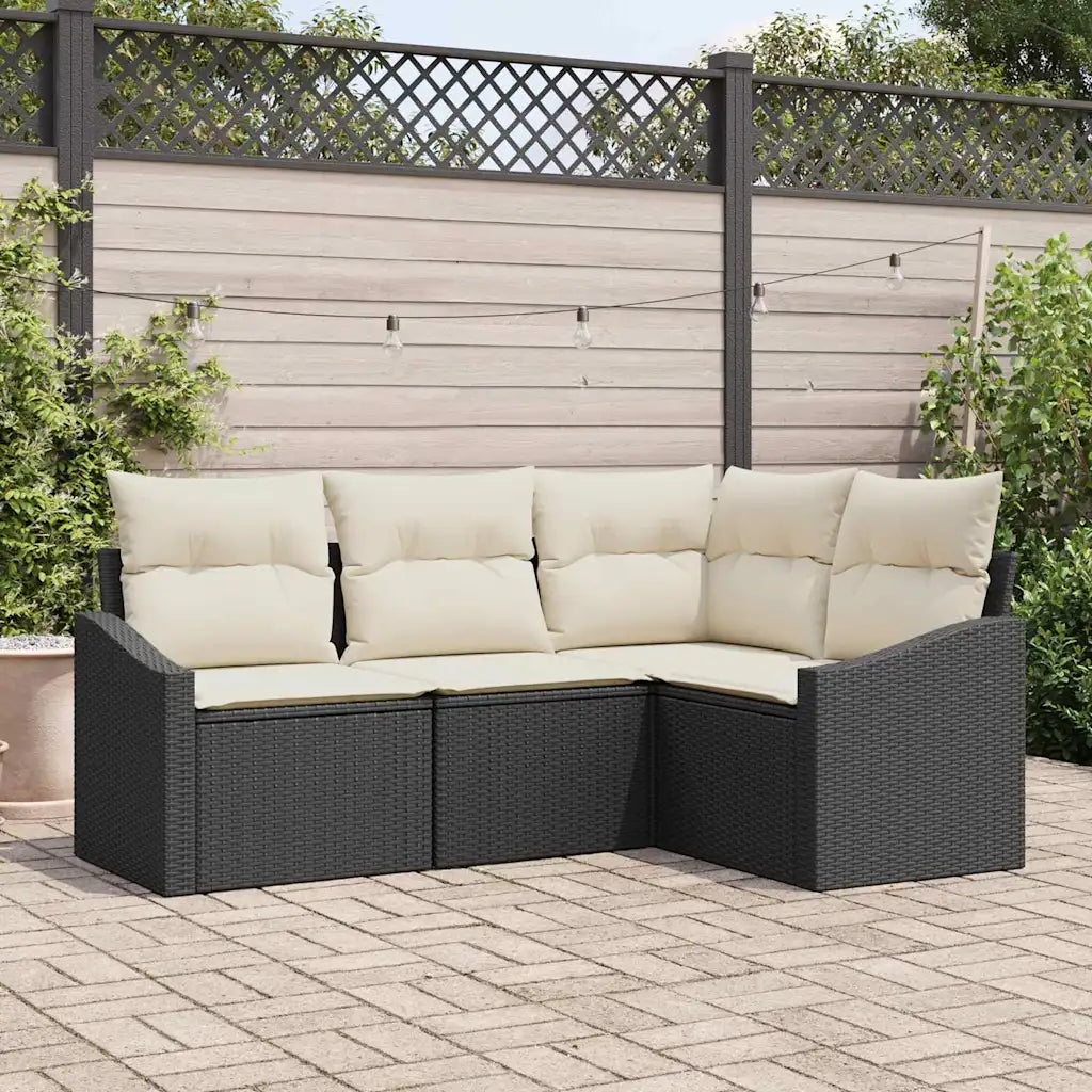 Canapé de jardin en résine noir avec coussins blanc crème, design contemporain pour terrasse
