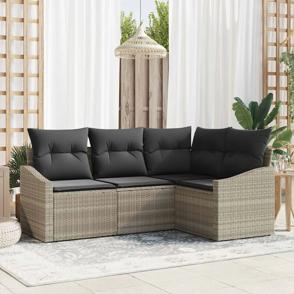 Ensemble canapé de jardin en résine polyrotin gris clair avec coussins gris foncé, configuration modulable 4 pièces
