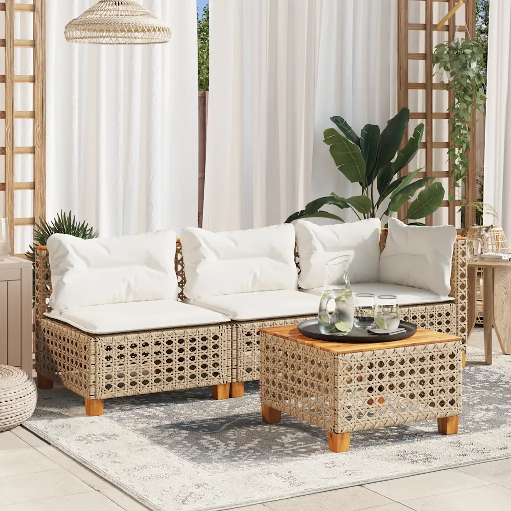 Salon de jardin modulaire en rotin PE beige avec coussins blanc crème, ensemble complet pour terrasse