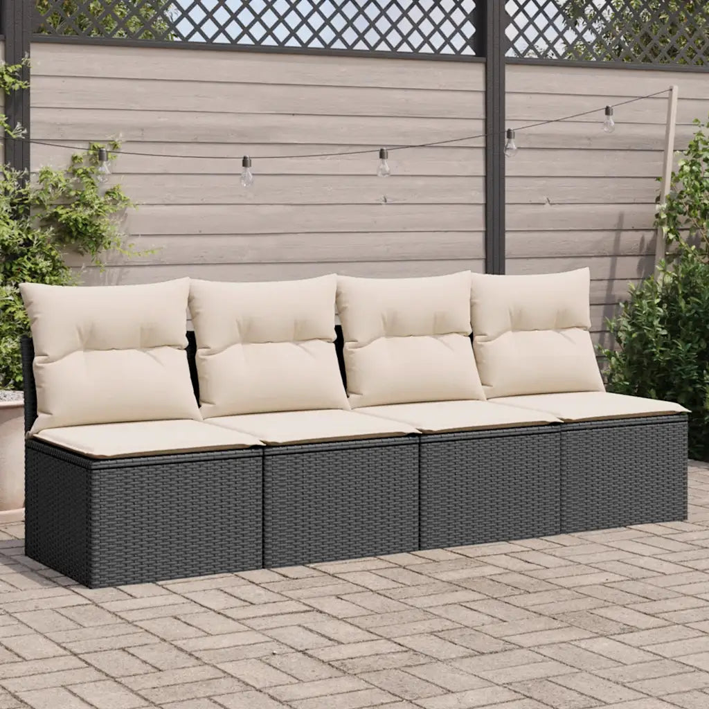 Canapé de jardin modulable 4 places en rotin PE noir avec coussins blanc crème, configuration flexible pour terrasse
