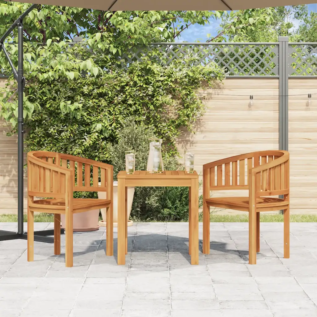 Lot de 2 chaises de jardin en teck massif design banane autour d'une table sur terrasse ombragée