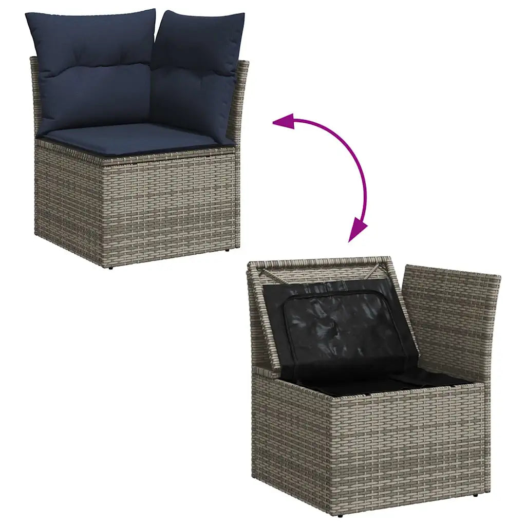Repose-pieds gris polyvalent utilisé comme siège d'appoint sur la terrasse.