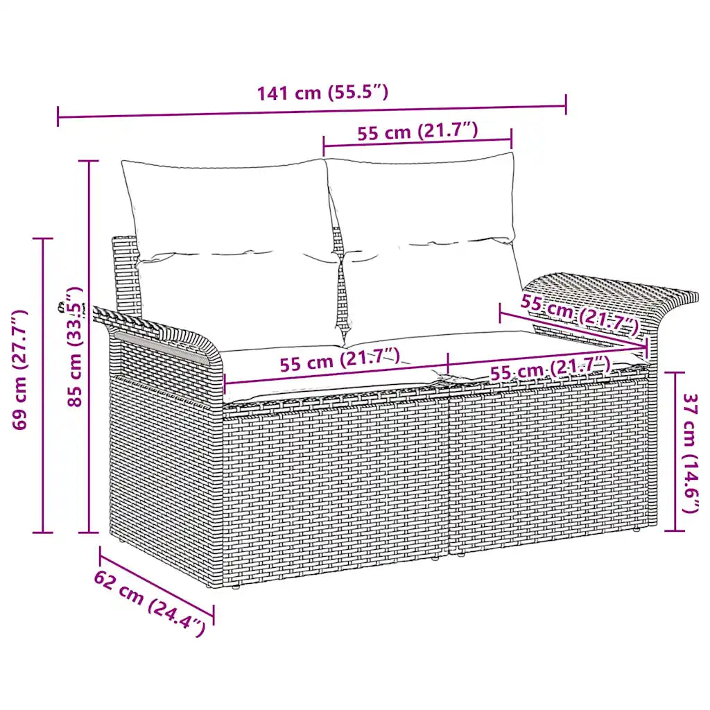 Détail de l'assise du canapé de jardin, surface confortable de 55 x 55 cm par place
