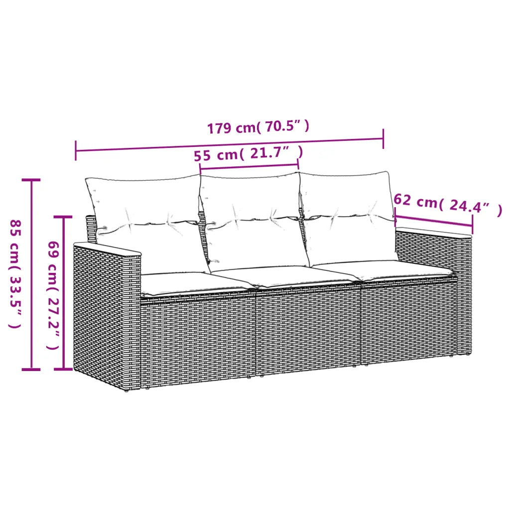 Schéma technique du canapé de jardin 3 places modulaire montrant les dimensions détaillées
