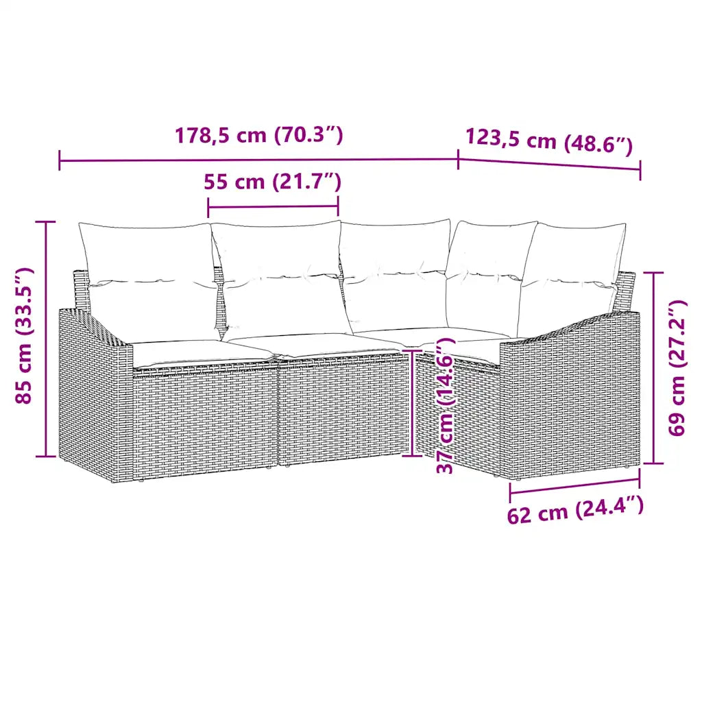 Schéma technique du canapé de jardin en résine montrant les 4 éléments modulables
