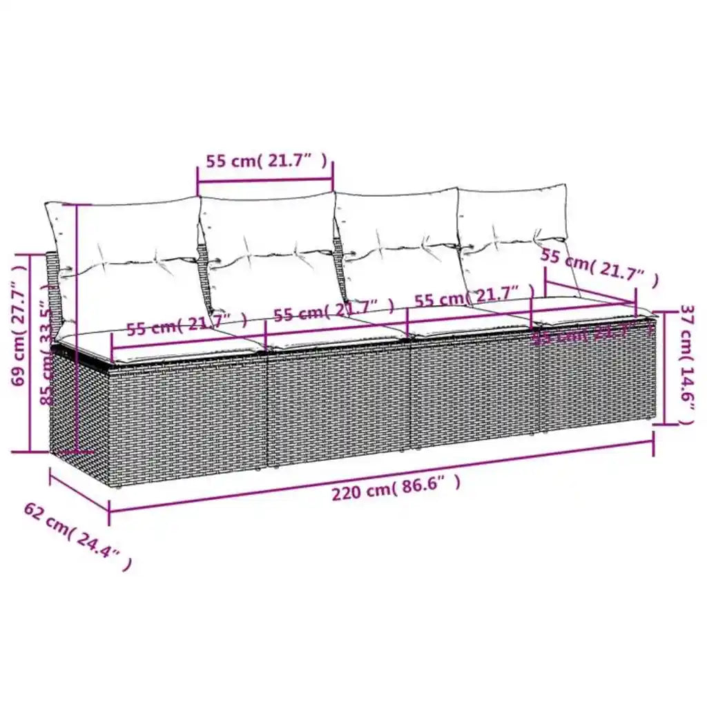 Schéma technique du canapé de jardin modulable montrant les 4 sièges centraux indépendants
