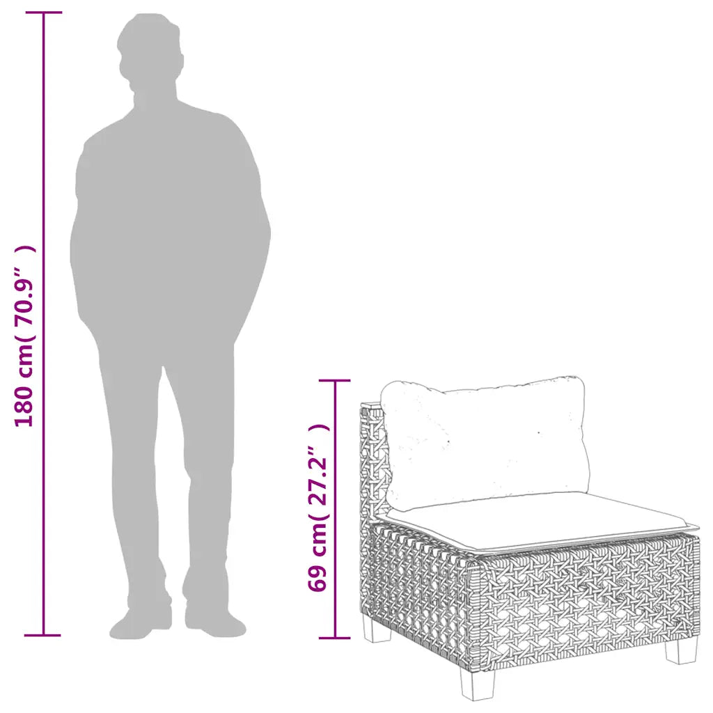 Schéma technique du canapé de jardin modulaire avec dimensions détaillées et silhouette humaine
