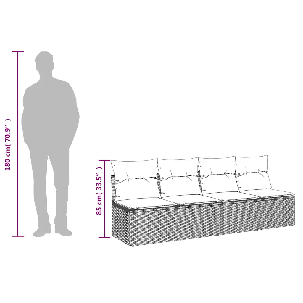 Schéma technique avec silhouette humaine montrant les proportions du canapé de jardin modulable 4 places
