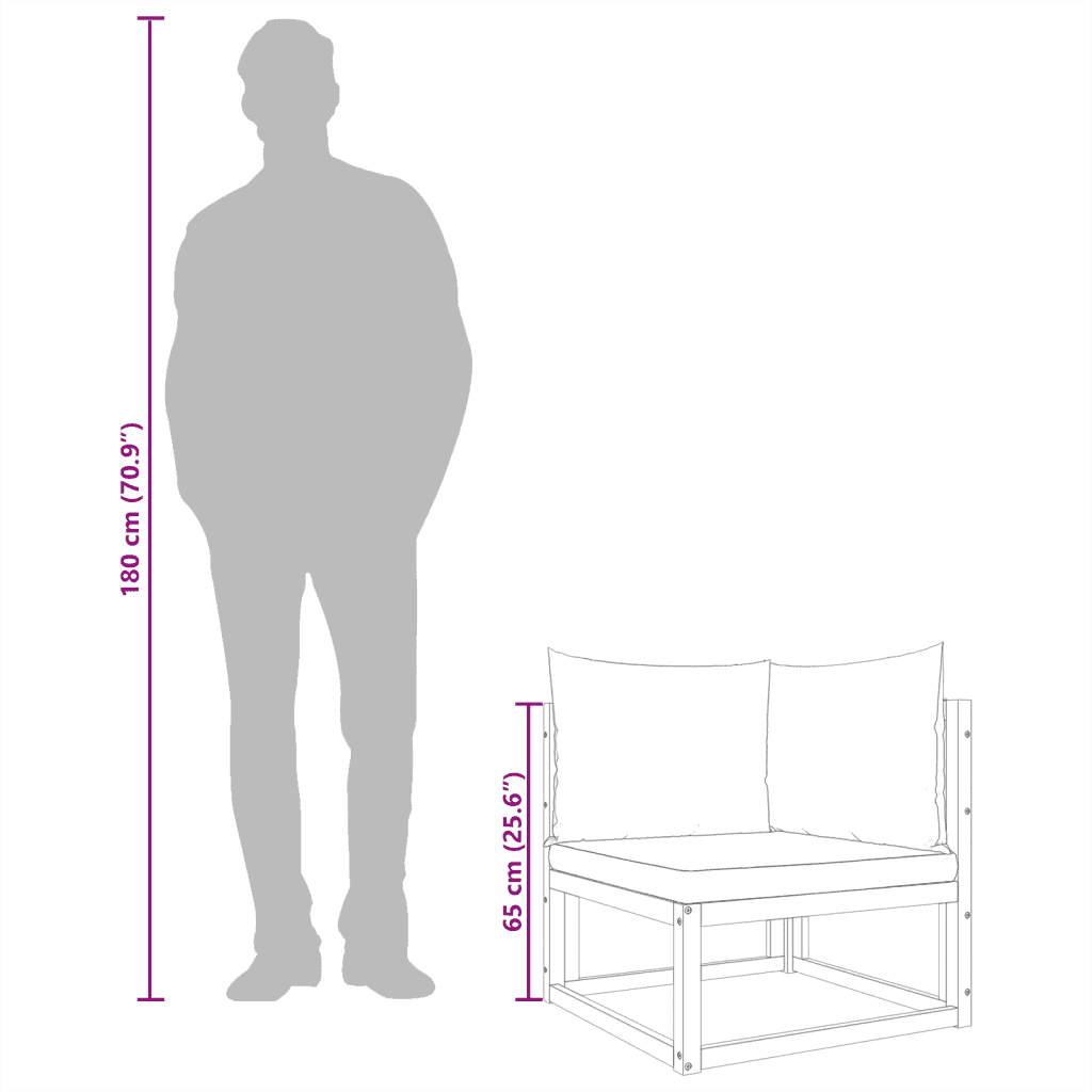 Schéma avec silhouette humaine montrant les proportions du canapé de jardin en acacia massif

