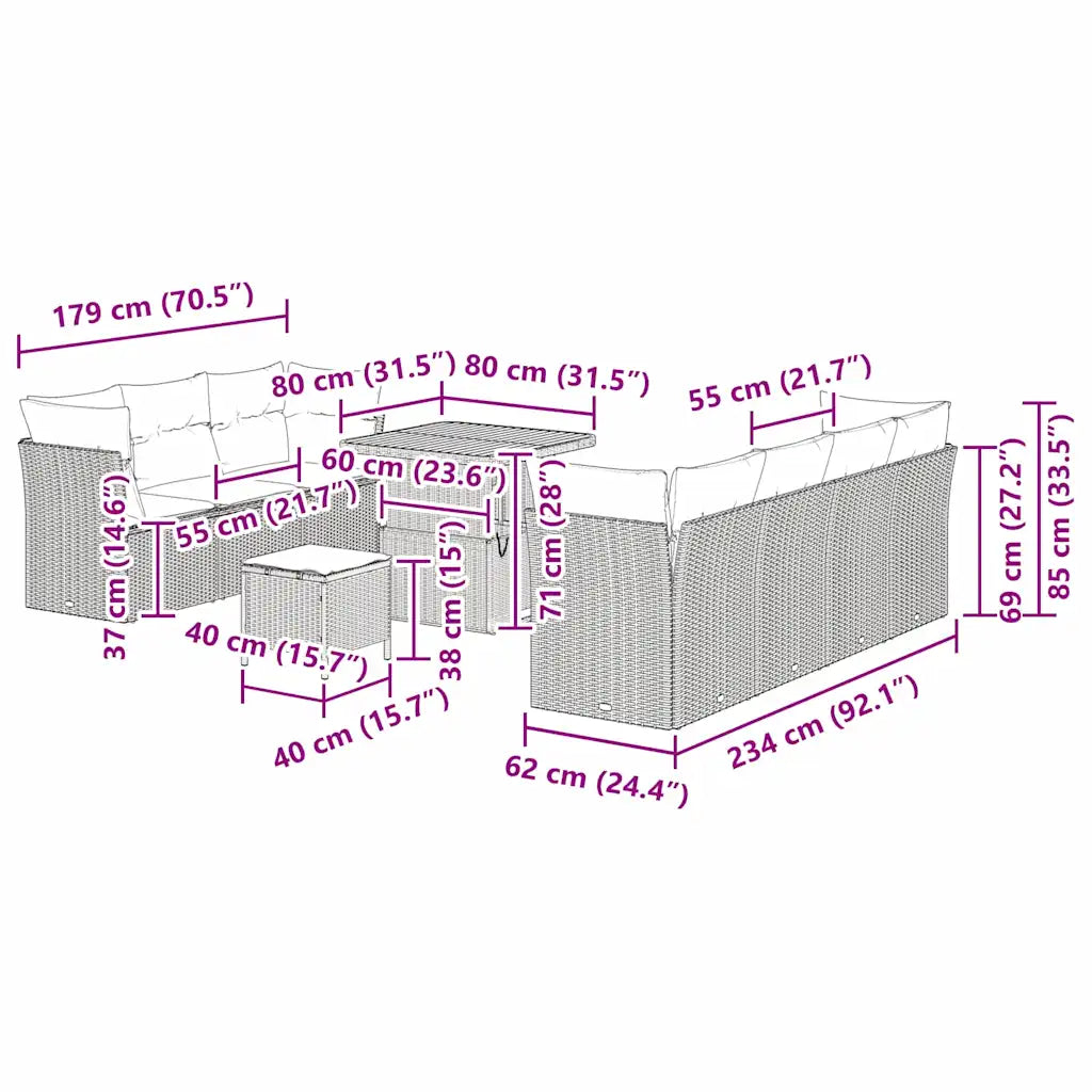 Dimensions complètes du salon de jardin beige modulaire