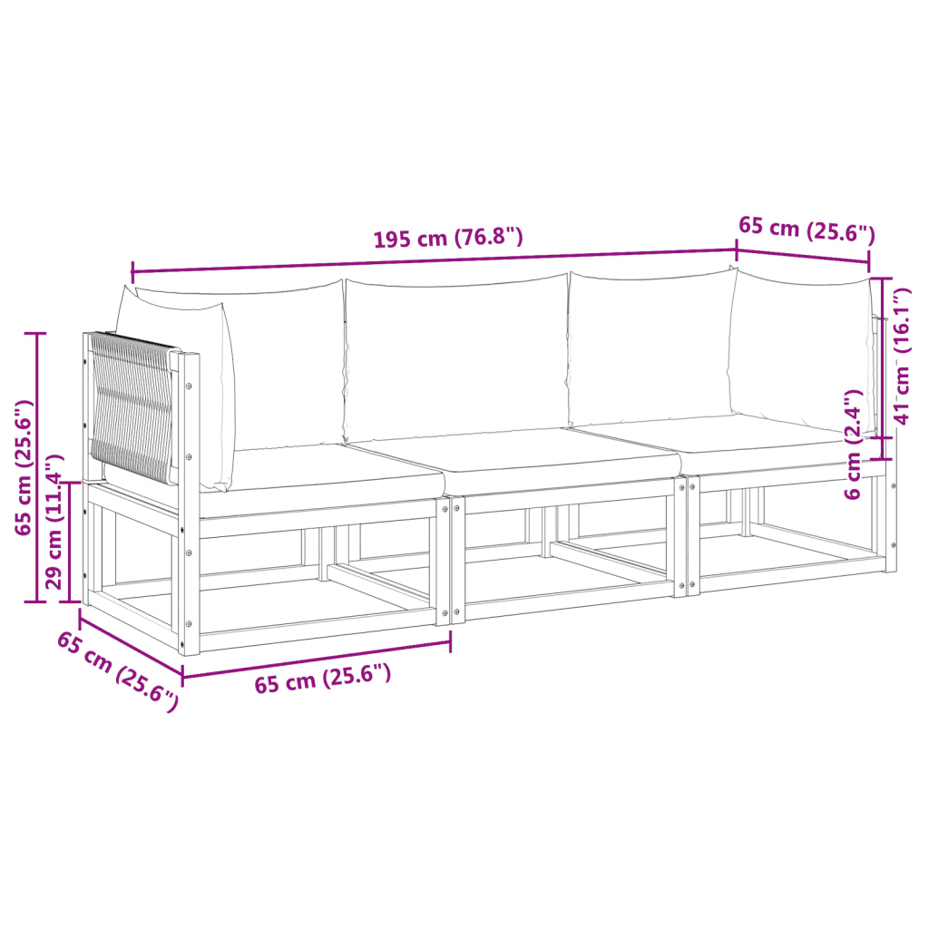 Schéma technique du canapé de jardin en acacia avec dimensions détaillées des 3 éléments
