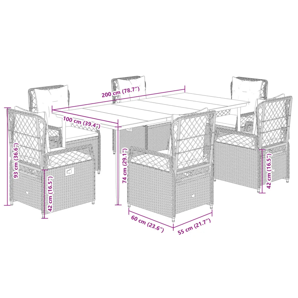 Plan avec dimensions de l'ensemble du Salon de Jardin avec Table Haute