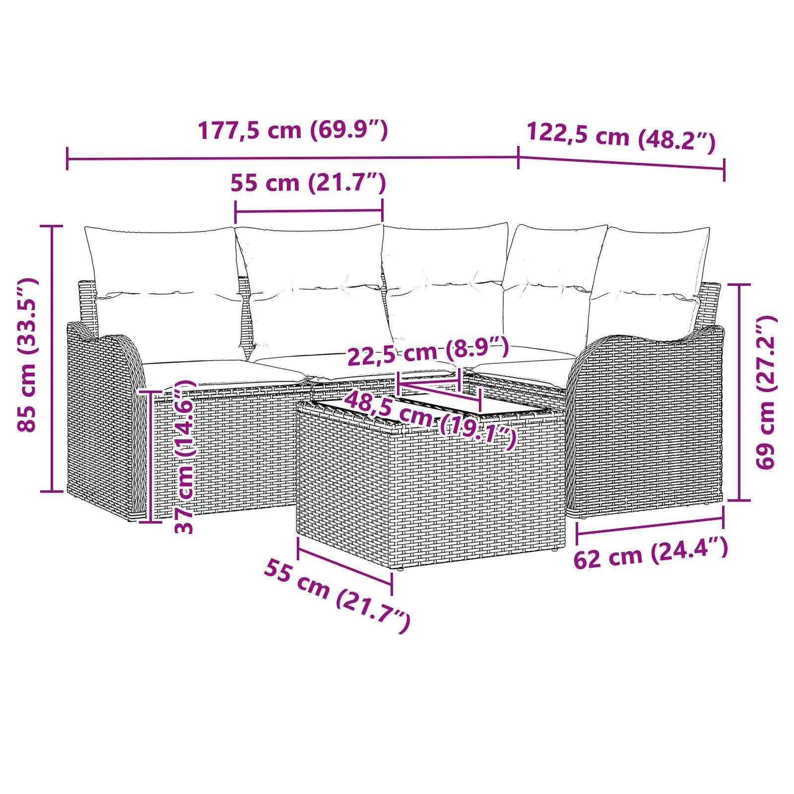 Plan et dimensions du salon de jardin tressé.