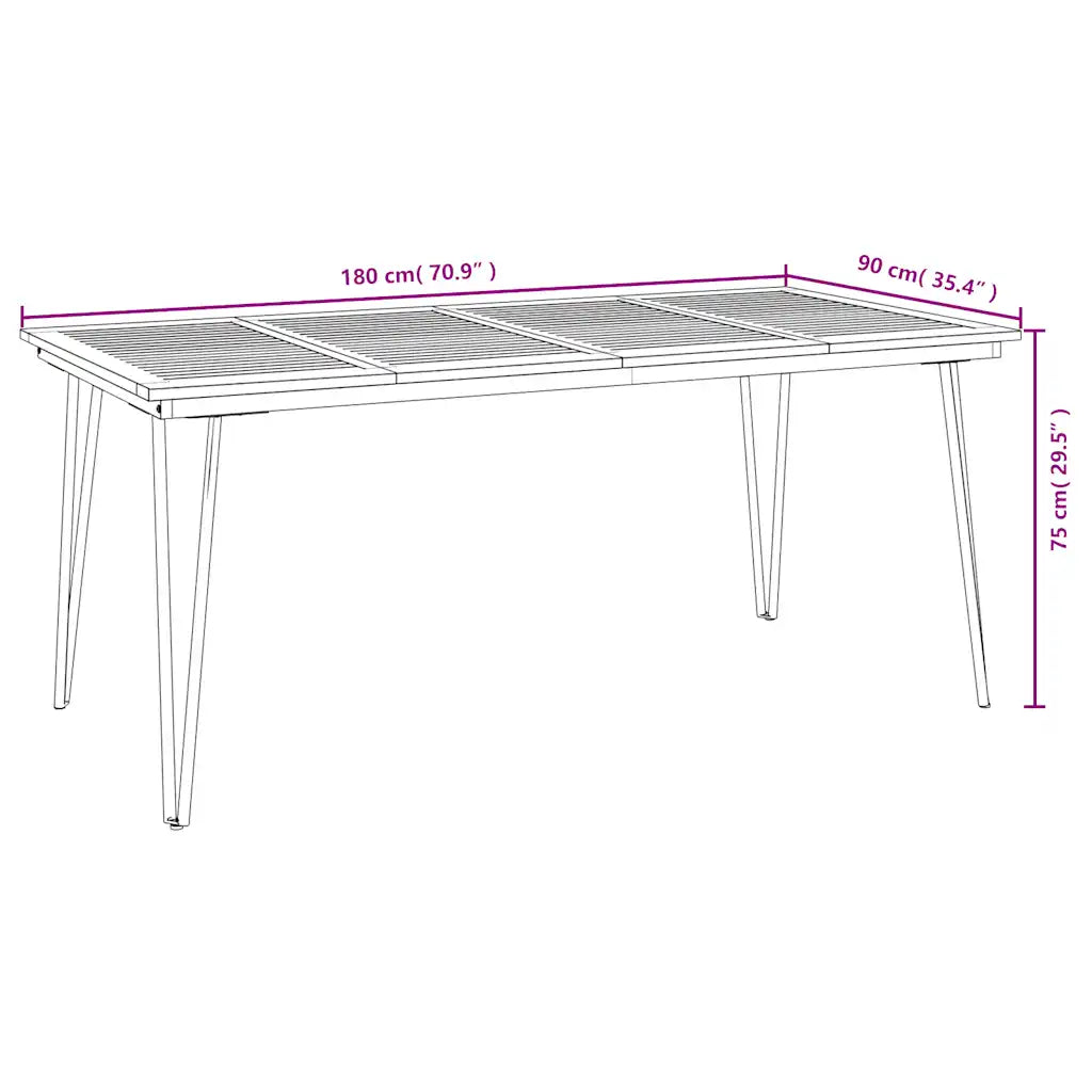 Schéma dimensions de la Table jardin bois acacia pieds métal thermolaqué style industriel
