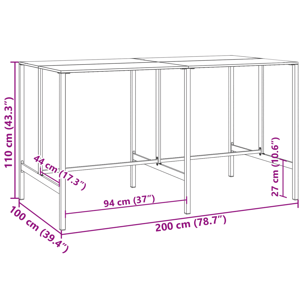 Schéma dimensions table bar jardin 200x100x110 cm hauteur bar vue technique