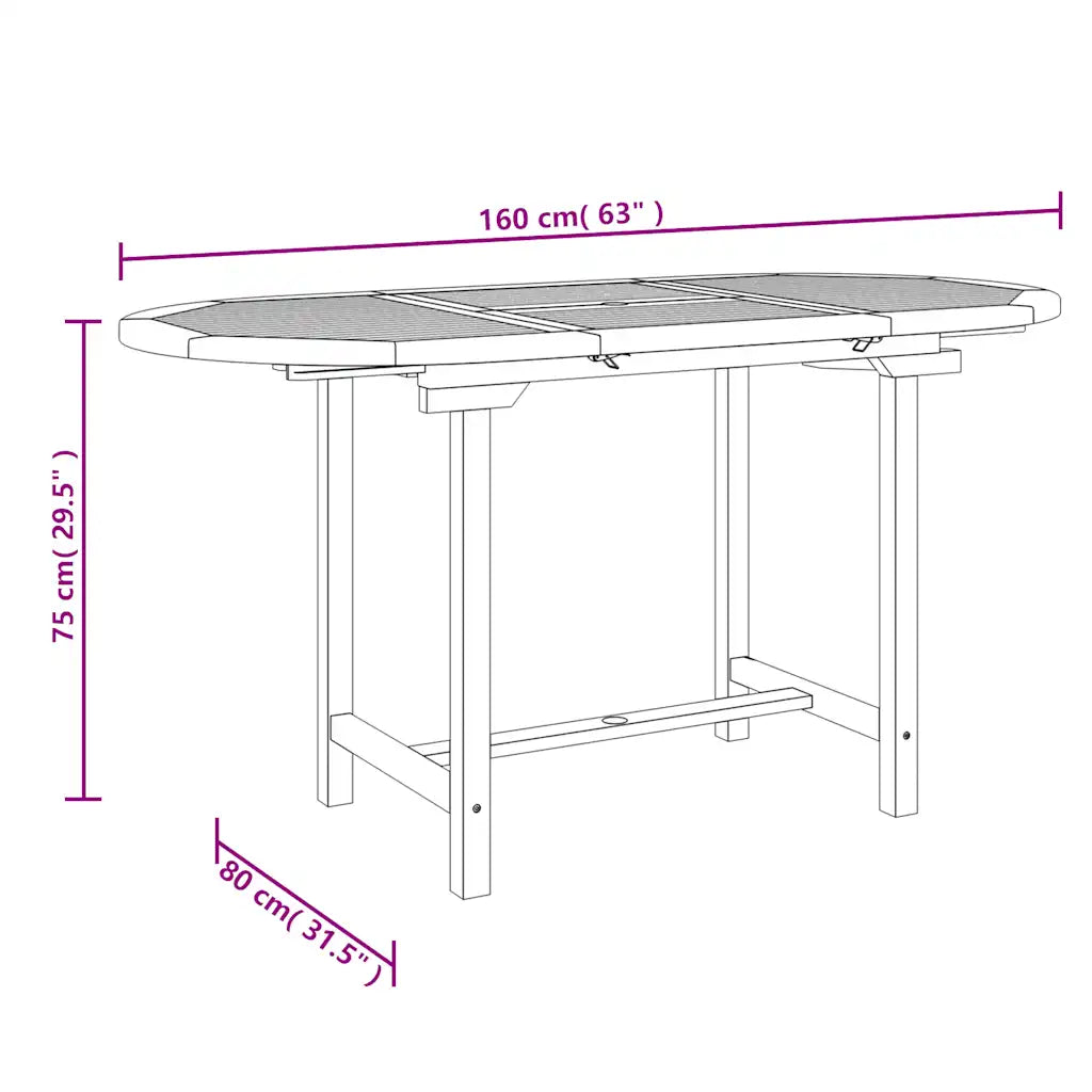 Dimensions Table patio teck massif position étendue 160 cm pour 8 convives
