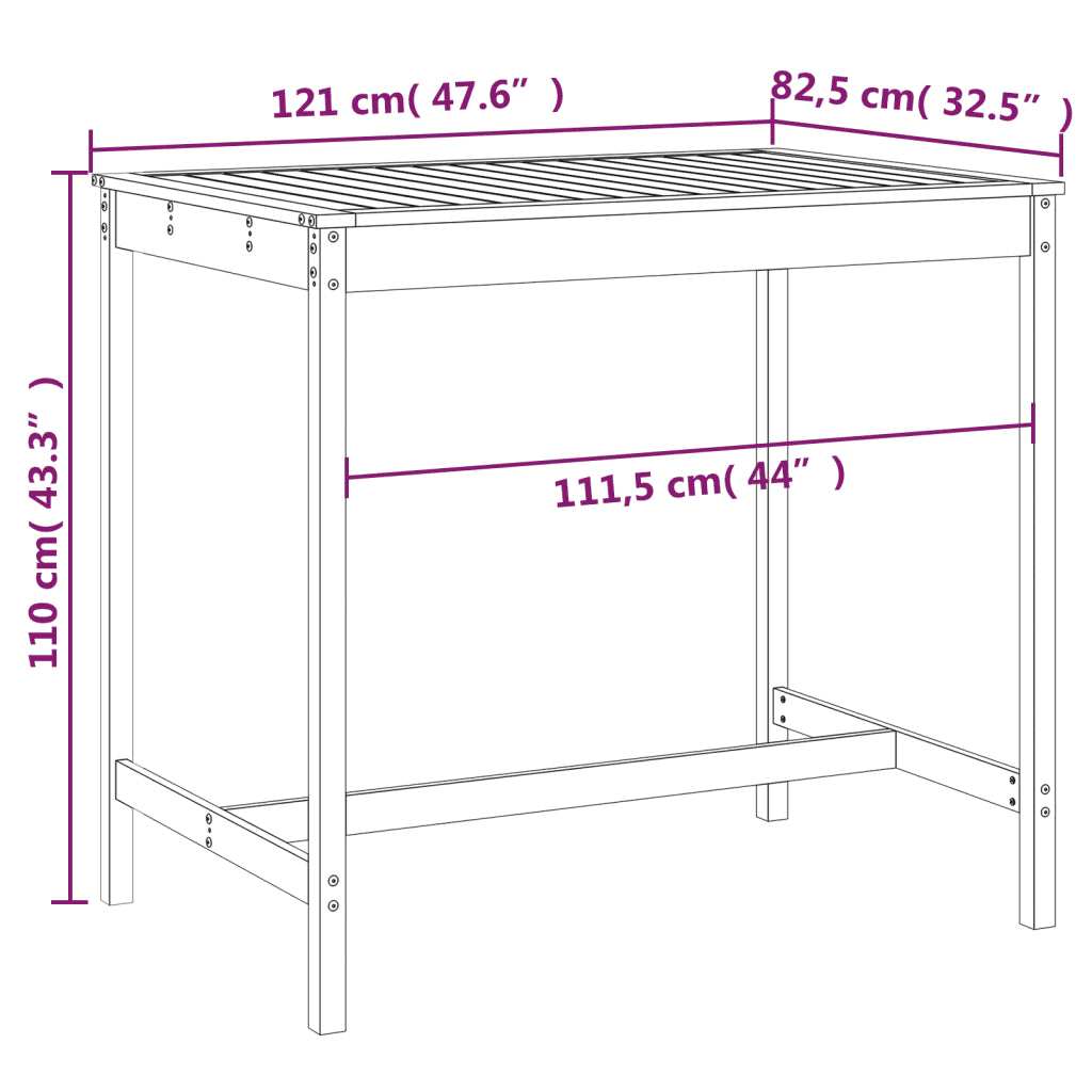 Schéma dimensions table jardin haute bois pin massif 110 cm vue technique