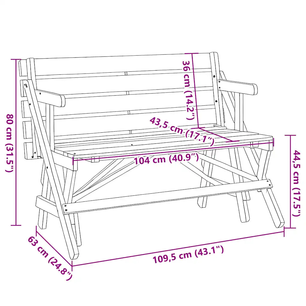 Schéma dimensions table pique-nique 110x133x72 cm déplié 110x63x80 cm plié
