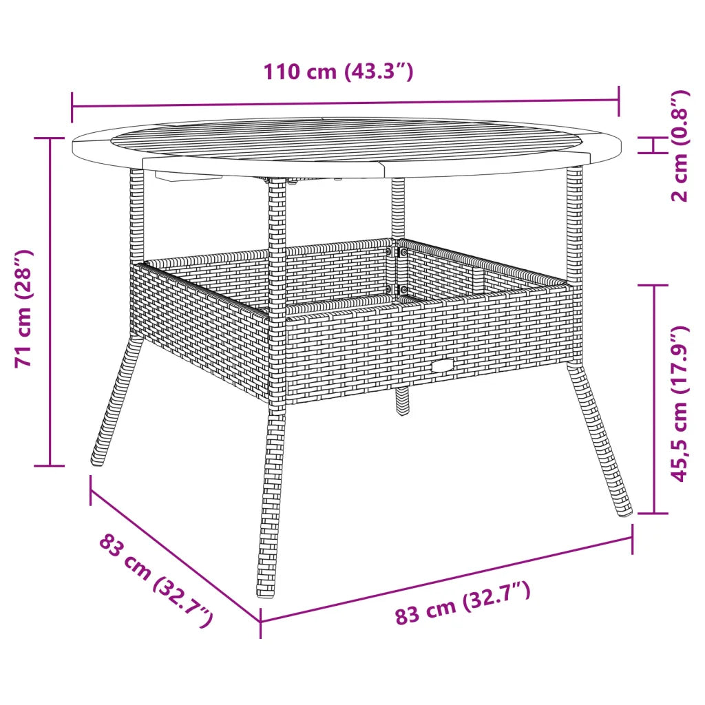 Schéma dimensions table jardin ronde 110 cm diamètre 71 cm hauteur