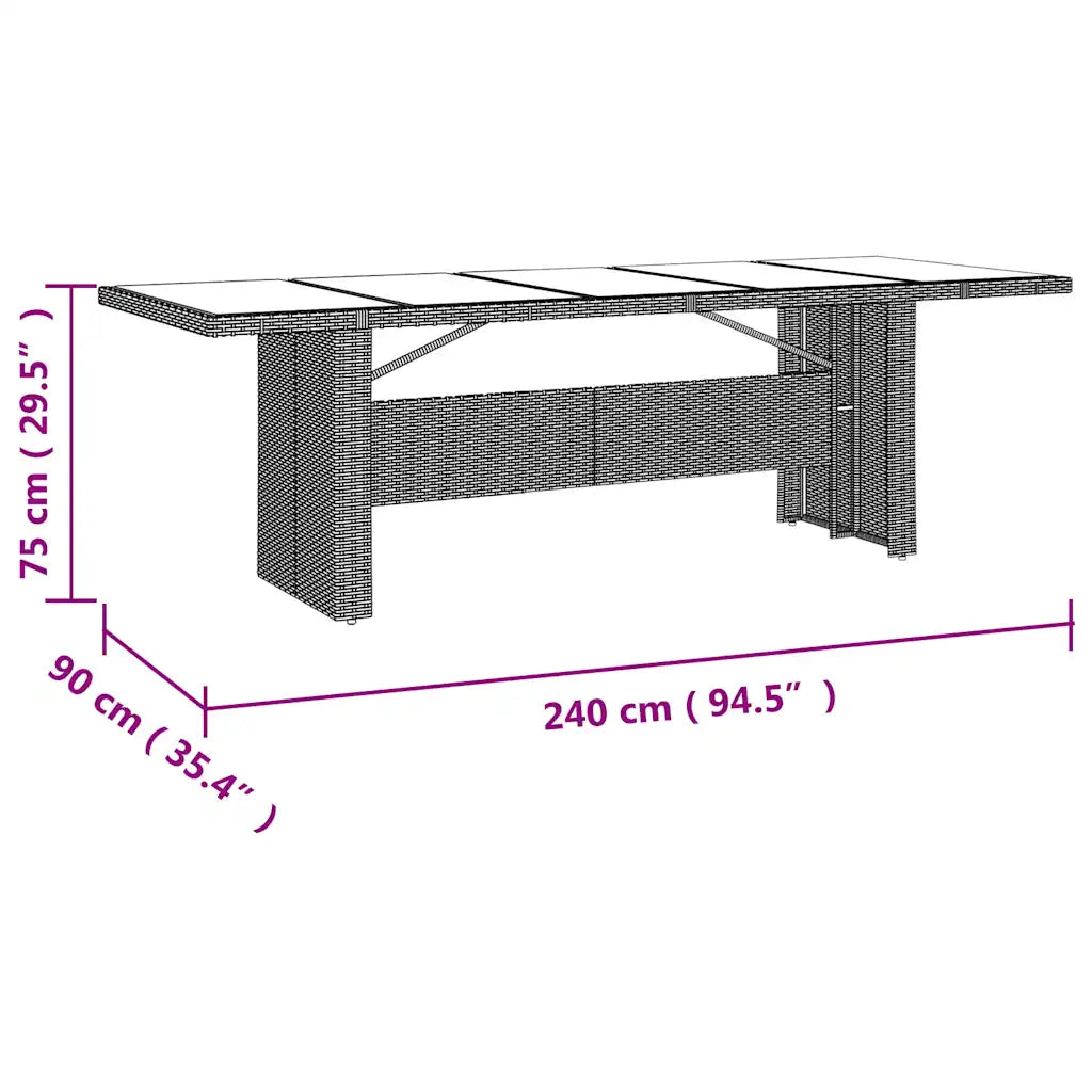 dimensions de la table en texture du rotin PE beige montrée en gros plan