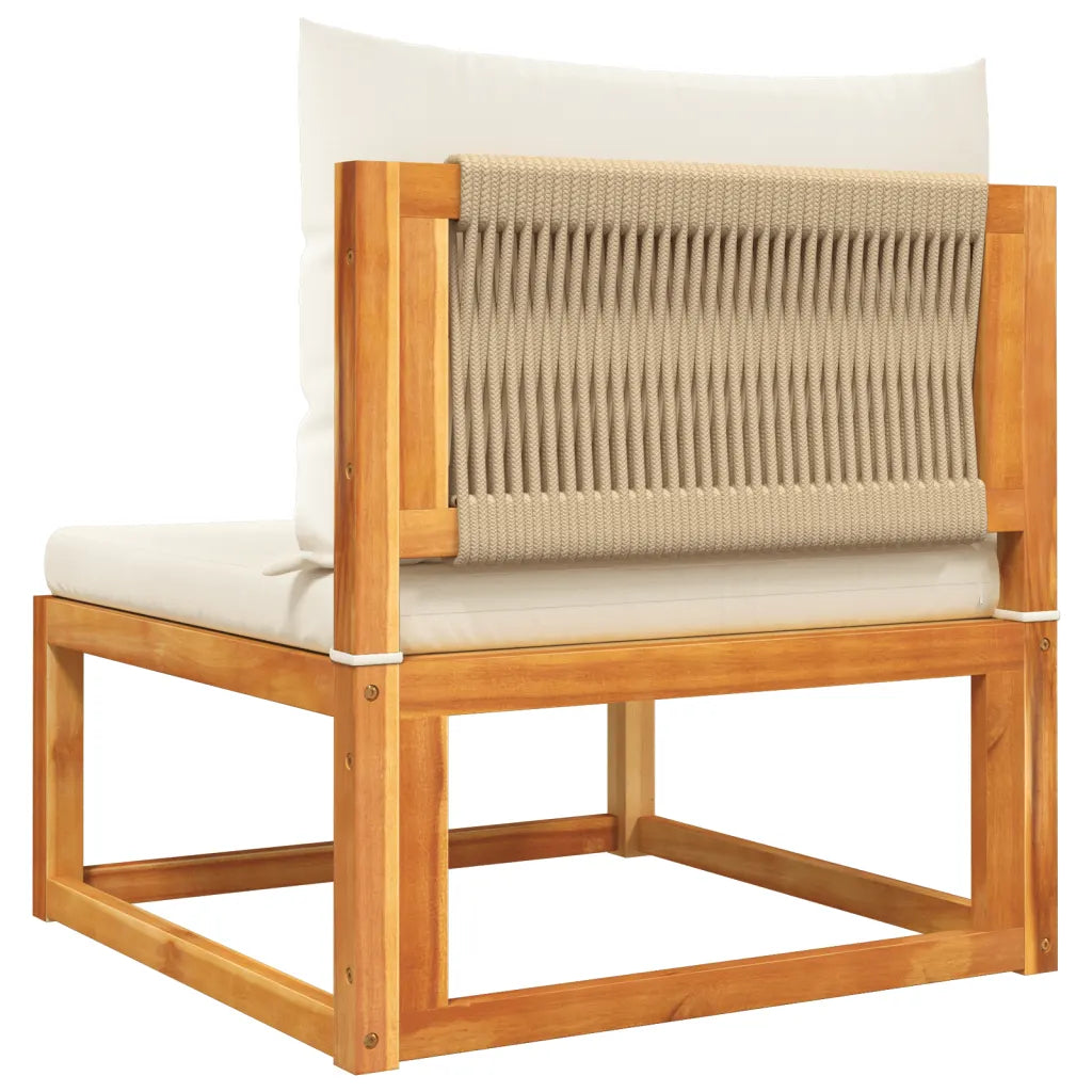 Détail du dossier tressé en corde beige du canapé de jardin en acacia, design élégant et sophistiqué
