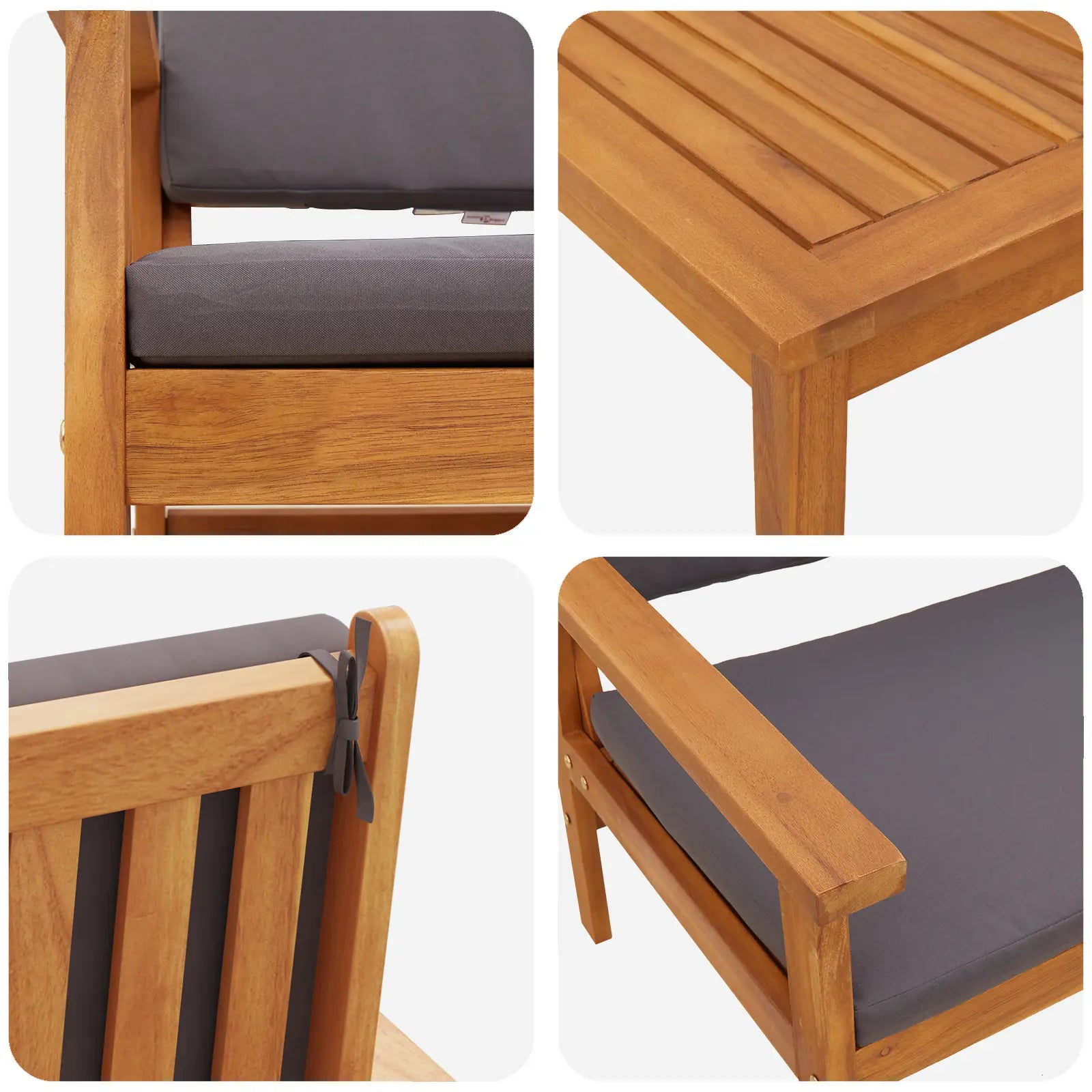 Vue d’ensemble du mobilier d’extérieur en bois marron naturel.