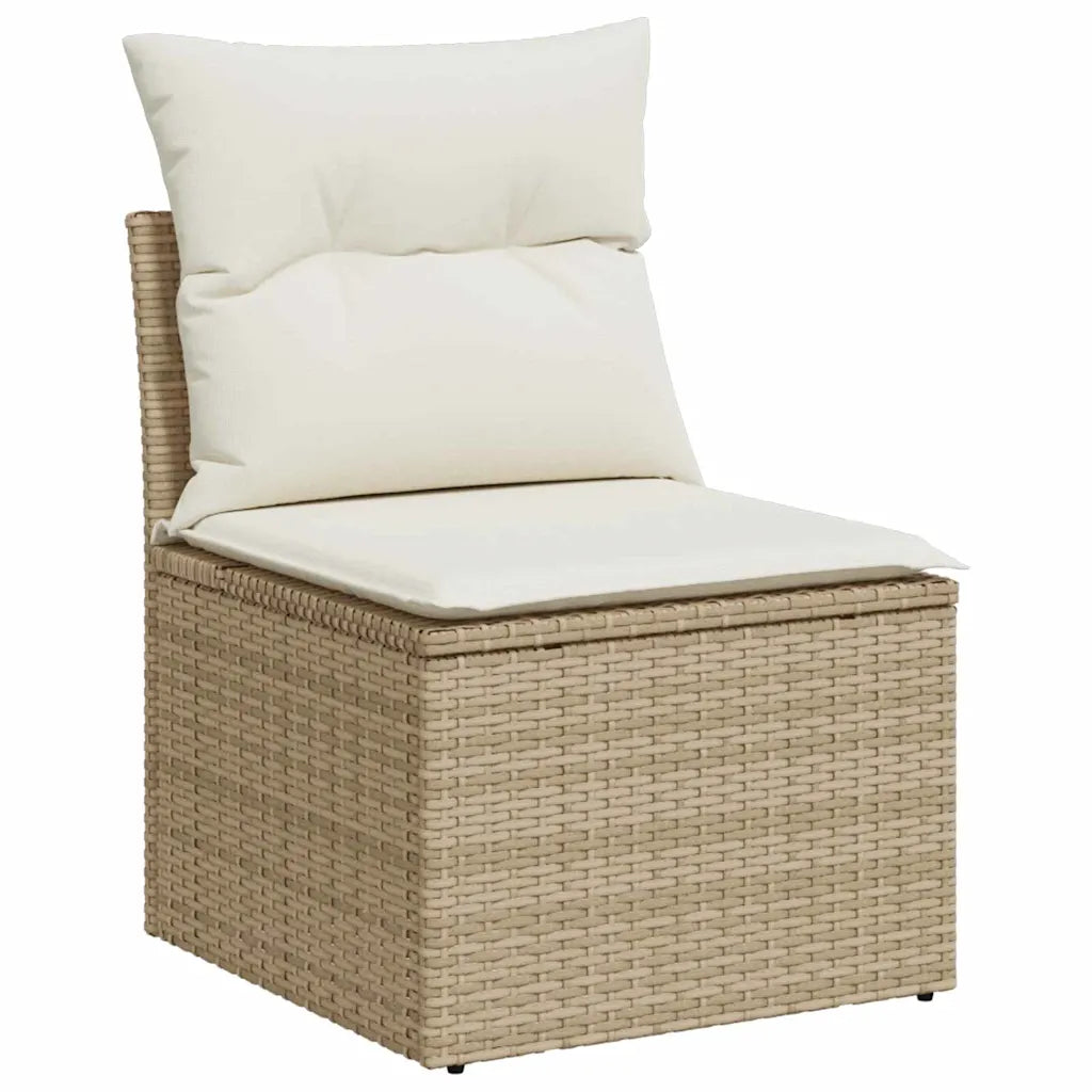 Détail module d'angle salon de jardin beige avec coussins confortables