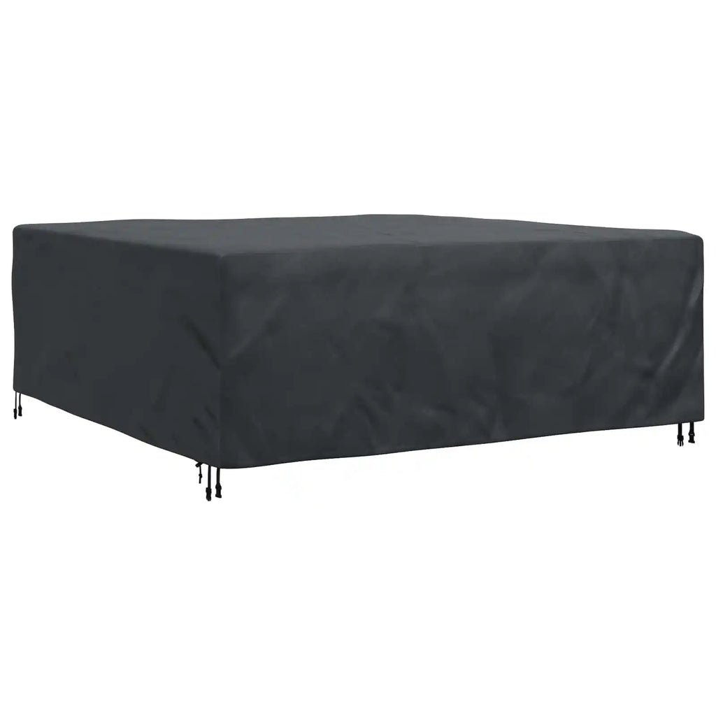 Housse protection mobilier jardin vue arrière montrant dimensions 210x200cm et fixations