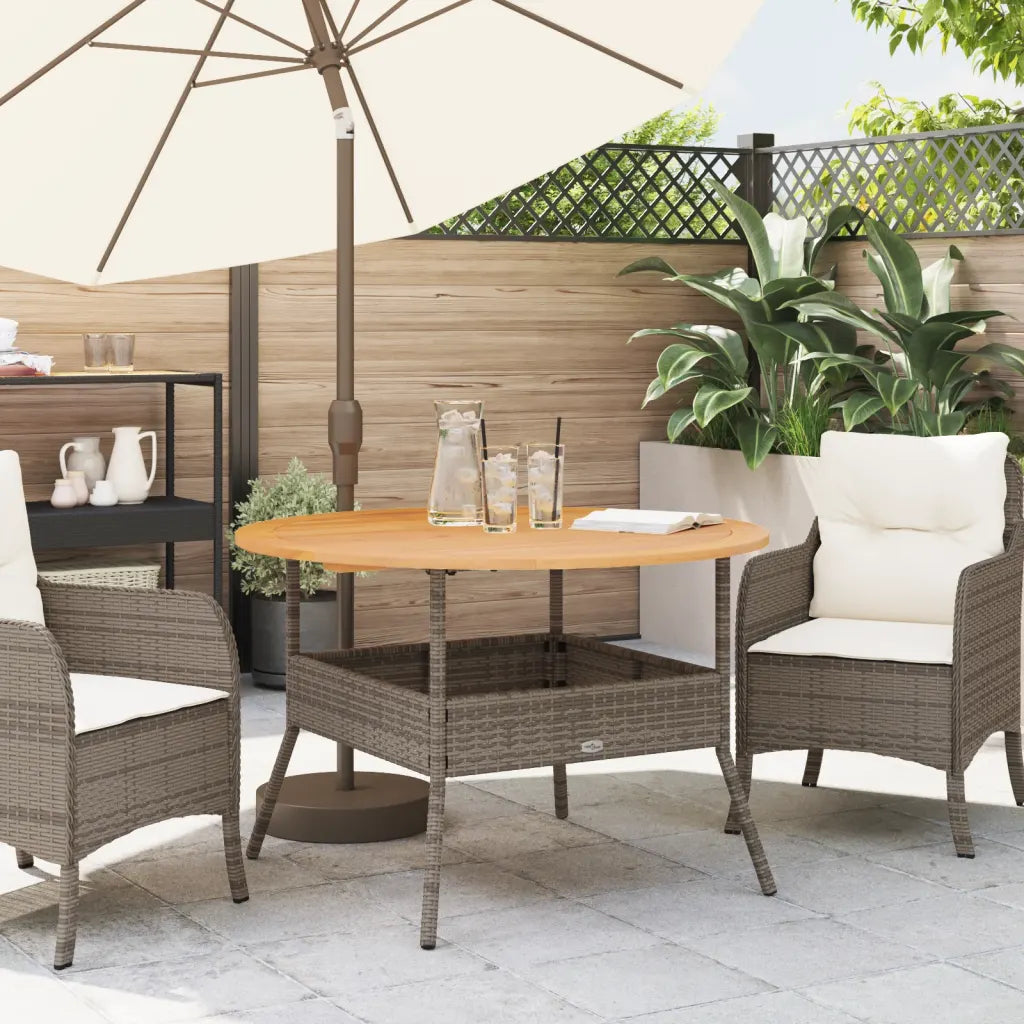 Gros plan plateau bois acacia massif 2 cm épaisseur table jardin ronde
