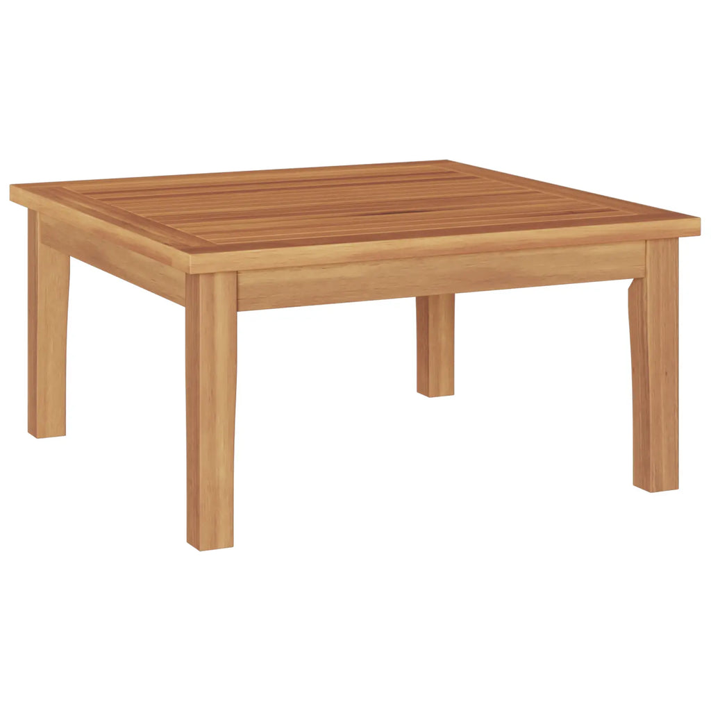 Table basse en teck assortie au salon extérieur.