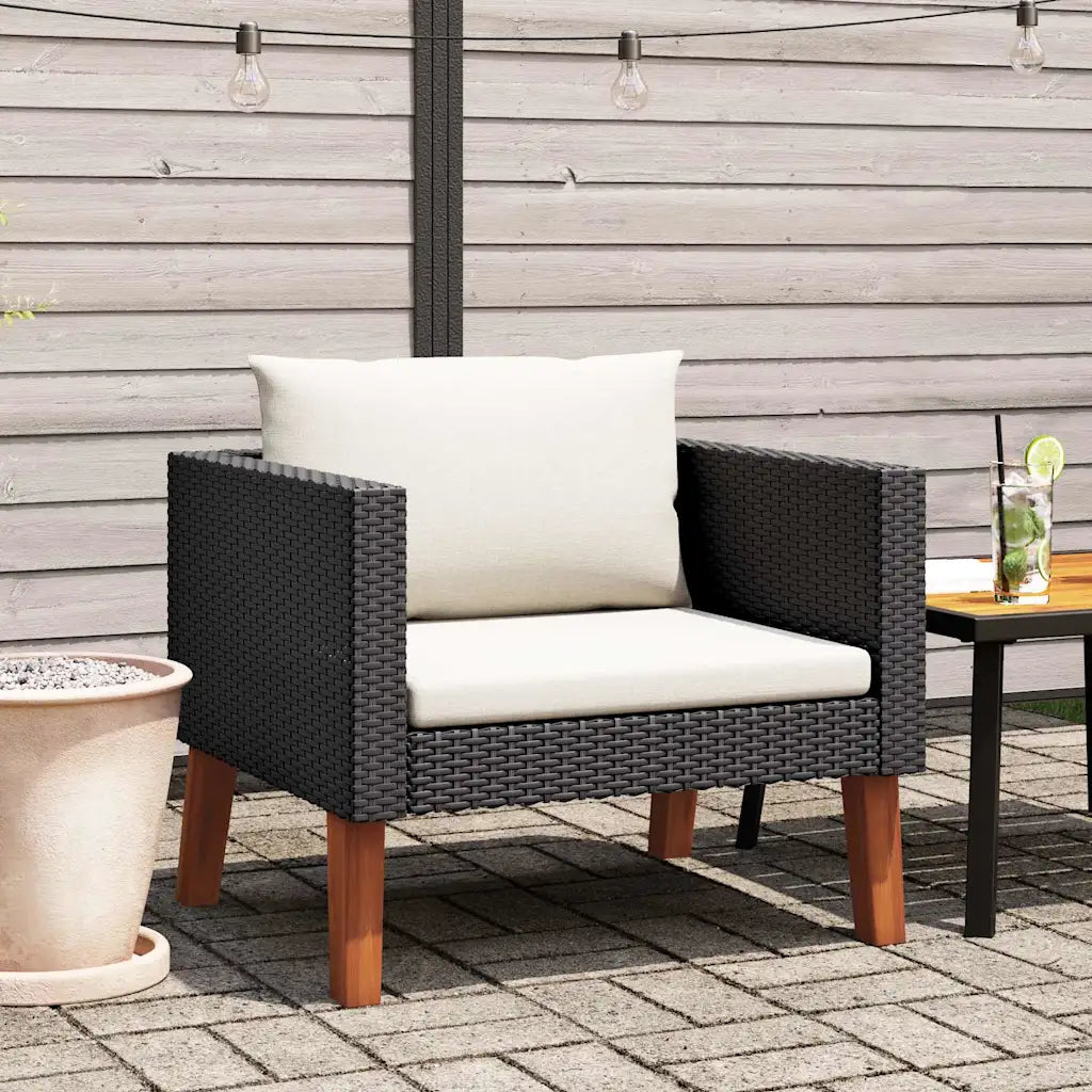 Petit canapé de jardin 1 place en rotin PE noir avec coussins blanc crème et accents eucalyptus