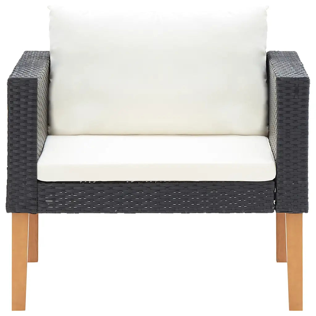 Vue de face du petit canapé de jardin noir, parfait pour balcons et petits espaces